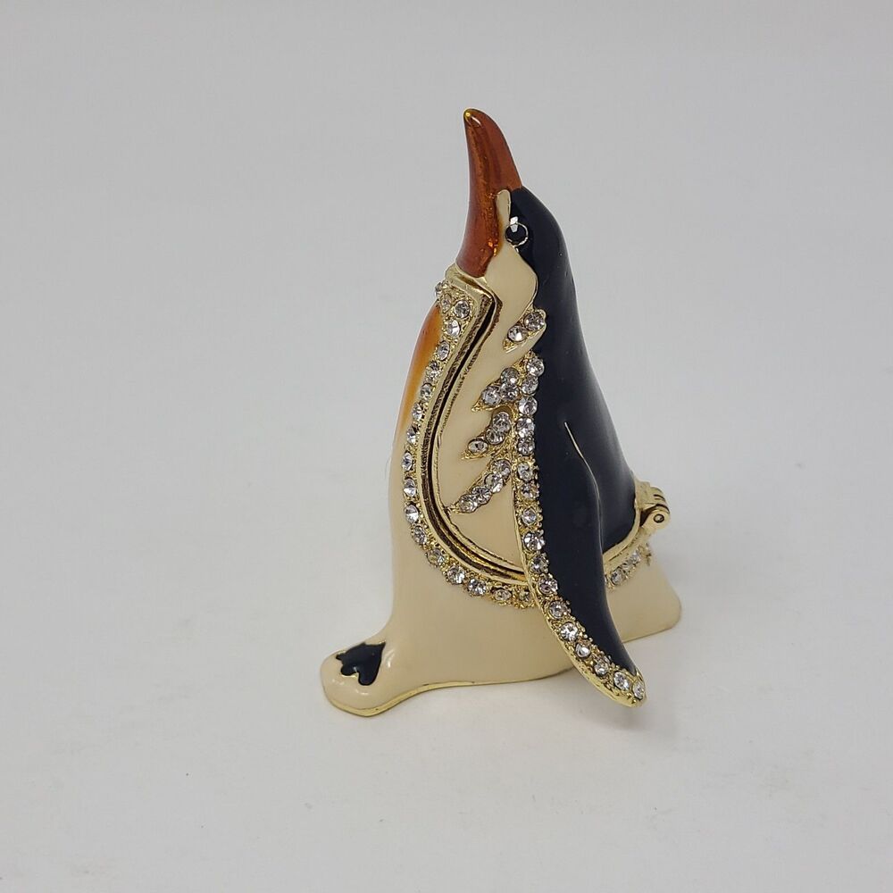 VTG Enamel Penguin Trinket Box Jeweled Rhinestone Hinged Collectible
